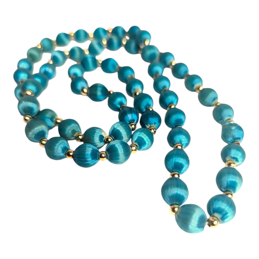 Teal Blue Satin Fabric Covered Beads Long‎ Beaded Necklace Vintage Jewelry